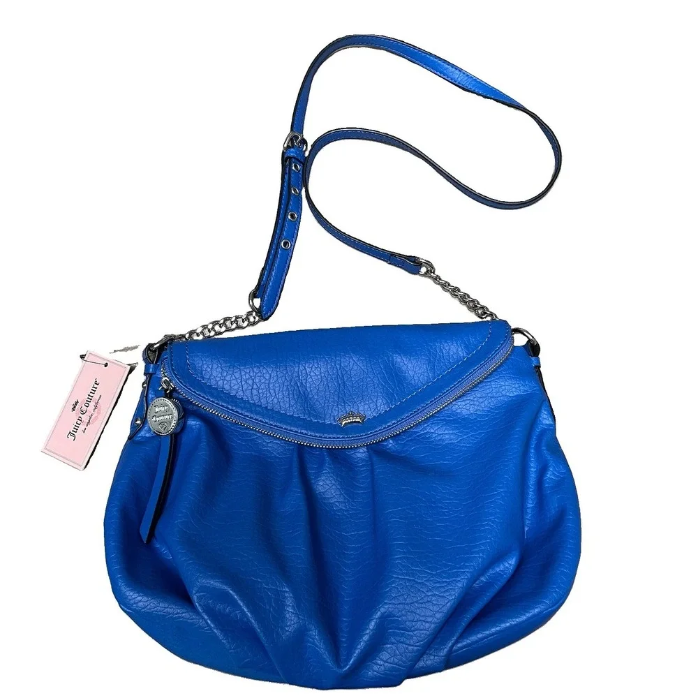 JUICY COUTURE Bag Purse Fold Over Zip Flap Crossbody Colbalt Blue Vegan NEW